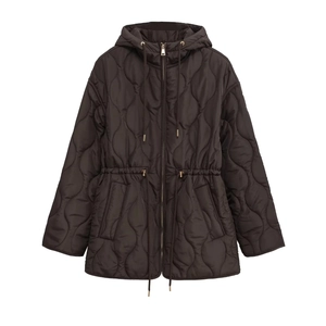 Women's mid-length quilted hooded jacket with gourd patterns and adjustable drawstring waist