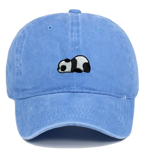 Blue washed cotton baseball cap with embroidered panda design and curved brim for sun protection