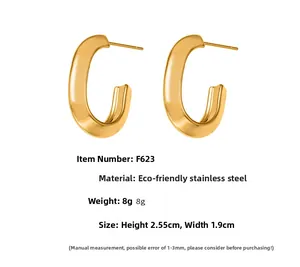 Detailed view showing dimensions of these minimalist oval gold stainless steel earrings
