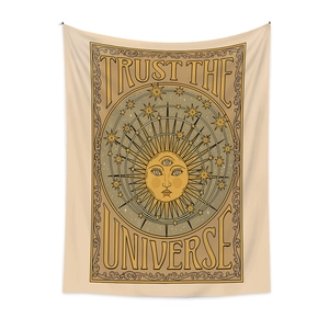 Bohemian tarot style wall tapestry featuring mystical three-eyed sun and stars design