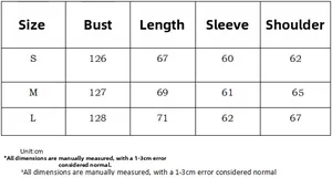 Detailed size chart for women high collar cardigan with bust and length measurements