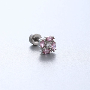 Boucle d'oreille fleur en acier titane avec zircons roses et fermoir à vis