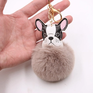 Brown fluffy pompom keychain with French Bulldog leather charm and golden lobster clasp
