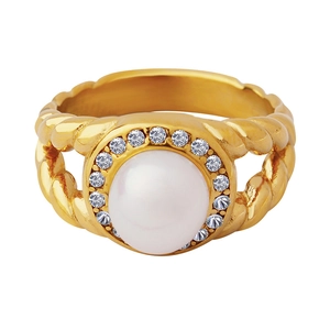 18K gold plated titanium ring with freshwater pearl and zircon halo in twisted band style
