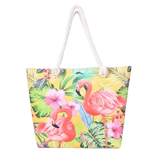 Large capacity tropical flamingo beach tote bag with durable rope handles and floral prints
