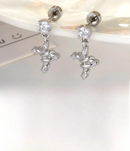 Detail of silver snake-wrap cross earring with micro-set zircon and steel post dimensions