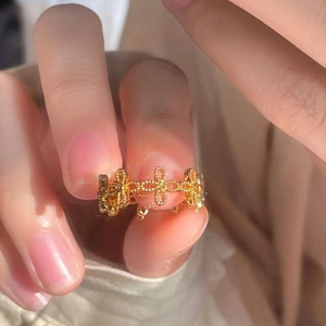 Elegant gold plated cutout flower open ring with delicate beaded edges for women
