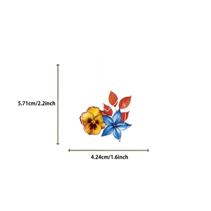Detail view of waterproof PET floral stickers showing precise dimensions and flower designs