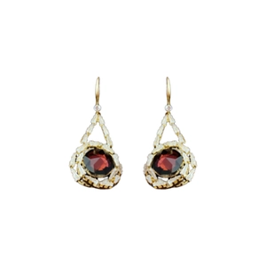 Vintage French style gold hook earrings with red oval crystal and white zircon accents