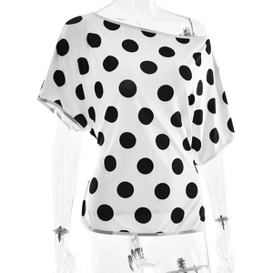 Close-up of black and white polka dot pattern on an asymmetrical one-shoulder slim top