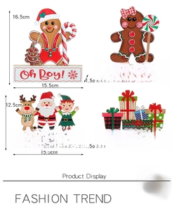 Detailed size chart of four wooden Christmas gingerbread man and Santa tabletop decorations