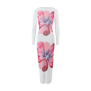 Detail of sheer mesh dress featuring pink floral prints and long sleeves on white base