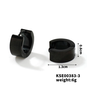 Detailed view of black stainless steel huggie earrings showing 0.6cm width and 1.3cm size