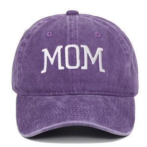 Detailed shot of white MOM embroidery on vintage washed purple cotton baseball cap