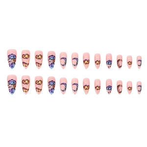 Pink stiletto press-on nails set with purple clouds, stars, and moon cartoon patterns