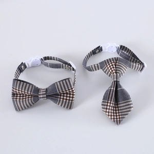 Detailed view of British plaid bow tie and necktie set with adjustable plastic buckles