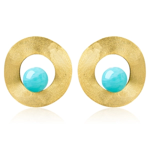 Macro detail of S925 silver gold-plated stud earrings with blue stone and hollow circular design