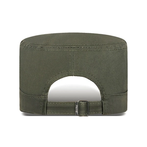 Olive green cotton military flat top cadet cap with adjustable metal back buckle strap
