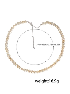 Detail view of freshwater pearl necklace with 35cm-43cm length and 16.9g weight info