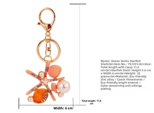 Detail view of starfish keychain with dimensions showing 11.6cm length and 5.6cm width
