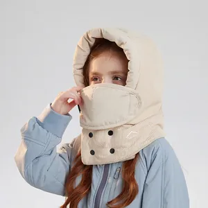 Kids warm winter fleece trapper hat with neck warmer and face mask in beige corduroy