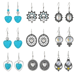 9-pair Bohemian vintage silver earring set with turquoise hearts and geometric patterns