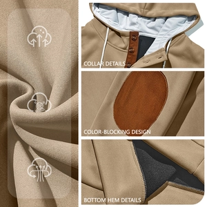 Sweat à capuche homme en polaire kaki avec empiècements coudes et détails de col boutonné