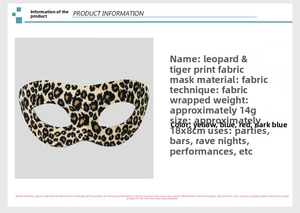 Detail view of yellow leopard pattern fabric party mask with specifications and dimensions