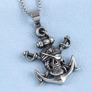 Vintage stainless steel pirate anchor necklace featuring a skull and double swords pendant