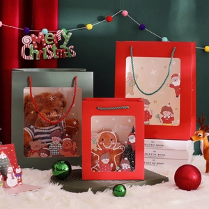 Christmas hollow gift bags set with festive Santa illustrations and clear window design