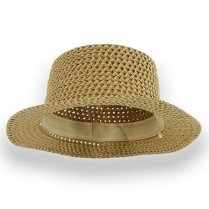 Detailed close-up of the fine woven texture and inner sweatband of this khaki Panama hat