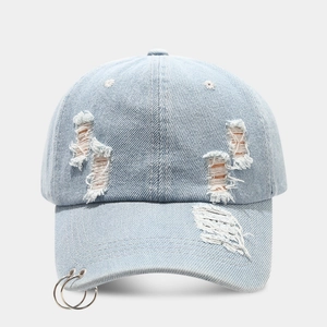 Distressed denim baseball cap with metal rings and streetwear ripped details in light blue