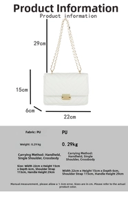 Detailed size specifications of white quilted PU leather underarm bag with gold hardware