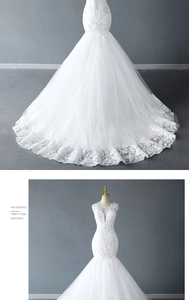 Detail of mermaid wedding dress with intricate lace embroidery and sequined tulle train