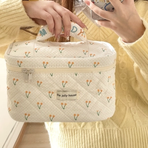 Detailed shot of white quilted cosmetic bag with orange cherry print and MONDAY handle