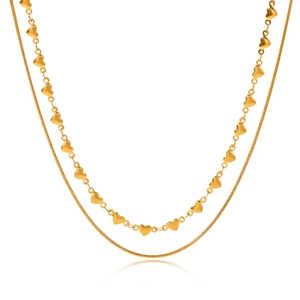 Detail of 18K gold-plated double-layer necklace with heart charms and snake chain
