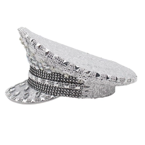 Silver rhinestone captain hat with sparkling sequins and gemstones for festival rave parties