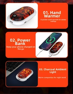 Detail of digital display hand warmer with charcoal LED light effect and USB charging ports
