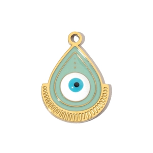Macro view of teardrop palm pendant with light green enamel and blue evil eye detail