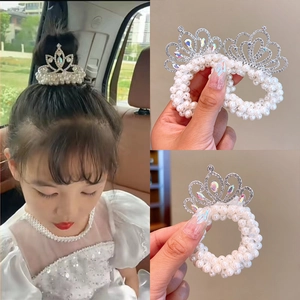 Girls Princess Faux Artificial Pearl Crown Hair Ties Rhinestone Elastic Hair Bands Elegant Headwear Accessory For Kids Women