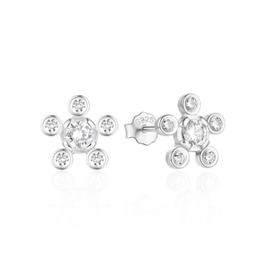 Detailed view of S925 sterling silver flower earrings with sparkling zircon stones