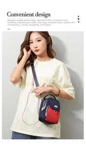 Detail view of multi-compartment navy and red nylon crossbody bag showing metal zippers