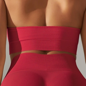 Close-up of red seamless ribbed knit sports bra back detail showing texture and elasticity