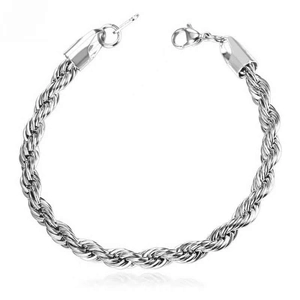 Polished silver twisted rope chain bracelet with lobster clasp on white background