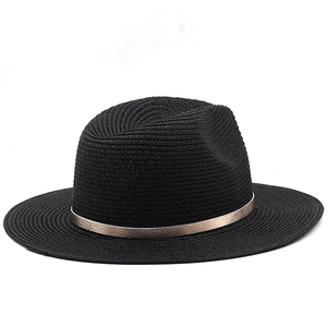 Classic black straw fedora hat with elegant champagne gold metallic band for sun protection