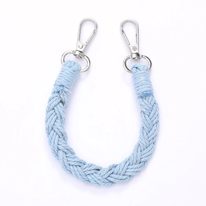 Handmade blue woven cotton wrist strap with silver metal swivel lobster clasps for bags