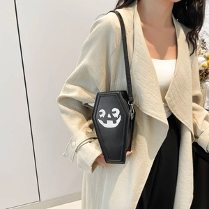 Ghost pattern coffin-shaped crossbody bag with white face print for Halloween fashion