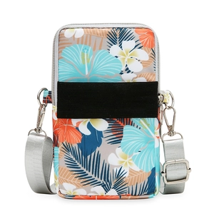 Floral print oxford crossbody phone bag with tropical hibiscus pattern and adjustable strap