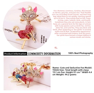 Detail of fox-shaped rhinestone keychains in red, blue and pink with gold base
