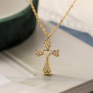 18K gold plated cross necklace for women featuring heart petals and sparkling zircons